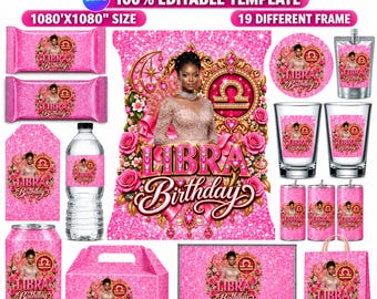 Pink Libra Party Favor Bundle, Libra Birthday Party Canva Templates, Zodiac Party Favors, Editable Libra Party Decor