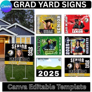 May include: A set of six customizable graduation yard signs featuring a black and yellow color scheme with a senior class of 2025 theme. Each sign features a different design with a graduate's name and school. The signs are perfect for celebrating a high school graduation.