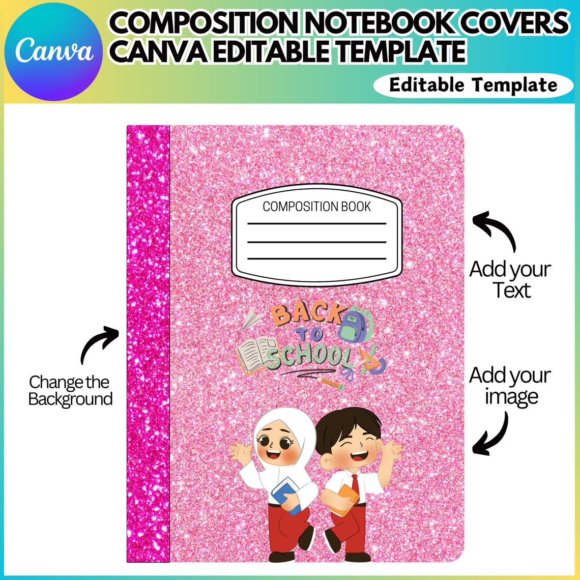 Editable Composition Notebook Cover Canva Bundle, Composition Notebook ...