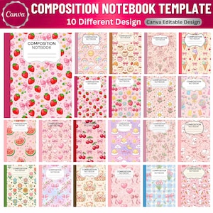 May include: A digital composition notebook template set featuring 10 different designs with patterns including strawberries, cherries, flowers, clouds, rainbows, and teddy bears. Each notebook cover includes a white label with the text COMPOSITION NOTEBOOK.