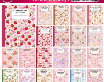 May include: A digital composition notebook template set featuring 10 different designs with patterns including strawberries, cherries, flowers, clouds, rainbows, and teddy bears. Each notebook cover includes a white label with the text COMPOSITION NOTEBOOK.