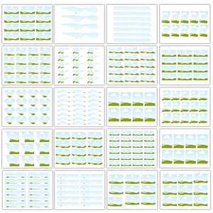 May include: A collection of digital landscape illustrations. Each image features a green grassy hill, a blue sky, and white clouds. The images are arranged in a grid pattern, suitable for various design applications.