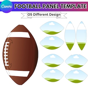 May include: A digital illustration of a brown football with white stripes and stitching, next to several football panel templates. The image includes the text "FOOTBALL PANEL TEMPLATE" and "05 Different Design".