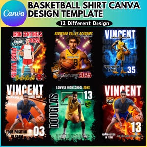 Puede incluir: Un conjunto de 6 plantillas de dise&ntilde;o de camiseta de baloncesto con diferentes nombres de equipo, nombres de jugadores y n&uacute;meros. Los dise&ntilde;os incluyen una variedad de colores y fondos, como rojo, azul, verde y negro. Las plantillas son perfectas para crear camisetas de baloncesto personalizadas para equipos, ligas o jugadores individuales.