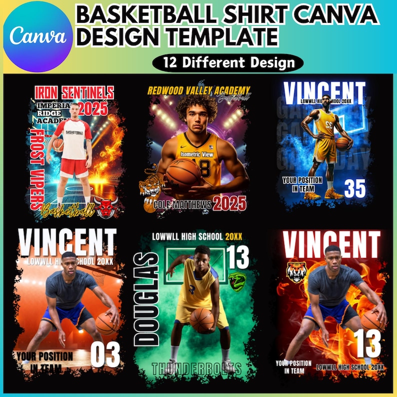 Puede incluir: Un conjunto de 6 plantillas de dise&ntilde;o de camiseta de baloncesto con diferentes nombres de equipo, nombres de jugadores y n&uacute;meros. Los dise&ntilde;os incluyen una variedad de colores y fondos, como rojo, azul, verde y negro. Las plantillas son perfectas para crear camisetas de baloncesto personalizadas para equipos, ligas o jugadores individuales.
