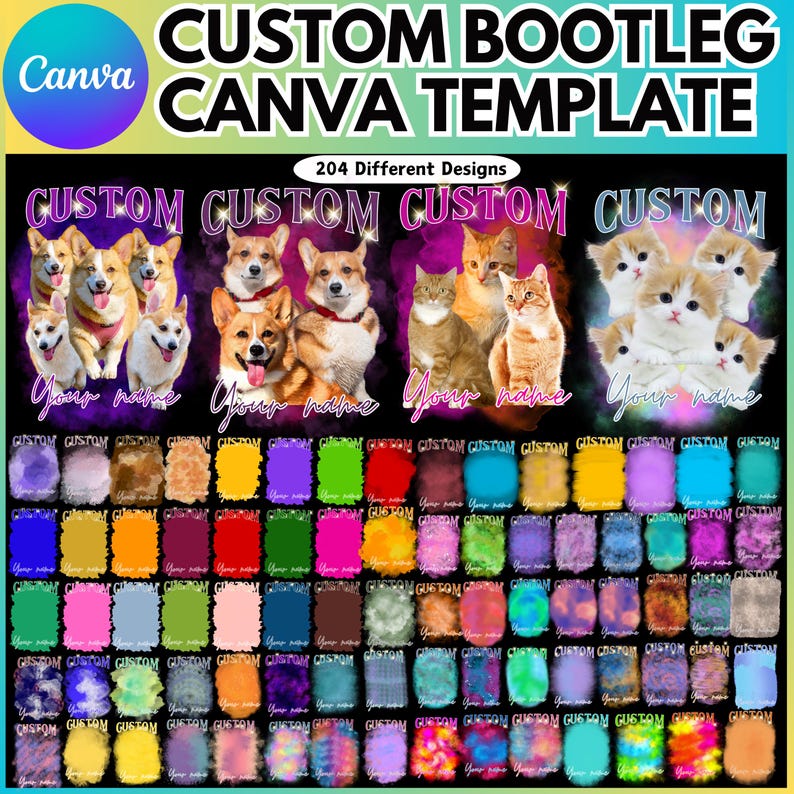 Pu&ograve; includere: Un modello di progettazione digitale per creare t-shirt personalizzate. Il modello presenta una variet&agrave; di sfondi colorati e il testo "CUSTOM" ripetuto pi&ugrave; volte. Ci sono anche immagini di gatti e cani.