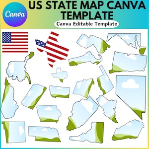May include: A set of US state map outlines in black with a blue sky and green grass background. The outlines are in various sizes and shapes. The text "US STATE MAP CANVA TEMPLATE Canva Editable Template" is at the top of the image.