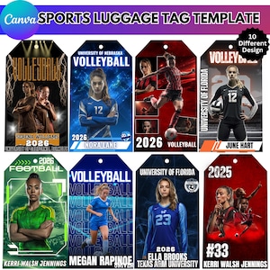 May include: Sports luggage tag template featuring volleyball and football designs. Each tag includes a player's image, team name, and year. The tags are in various colours and styles, with text such as "Volleyball" and "Football".