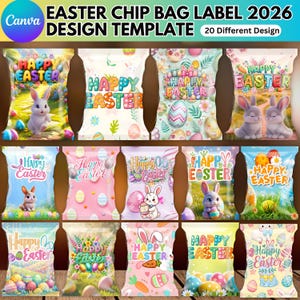 May include: A collection of Easter-themed chip bag label designs. Each bag features colorful illustrations of Easter eggs, bunnies, and the text "Happy Easter." The designs vary, with different color schemes and graphic styles, perfect for Easter celebrations.