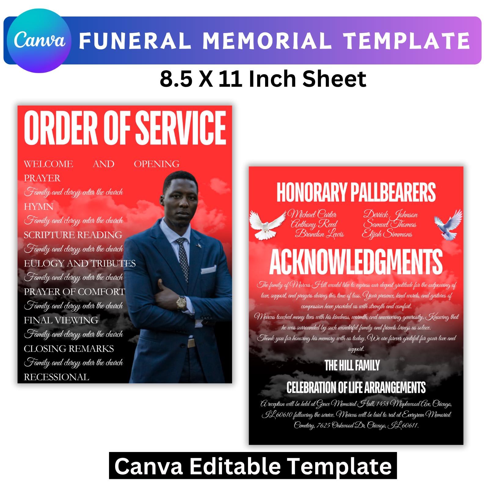 Red Funeral Program Canva Template, Obituary Design, 8 Page Editable ...