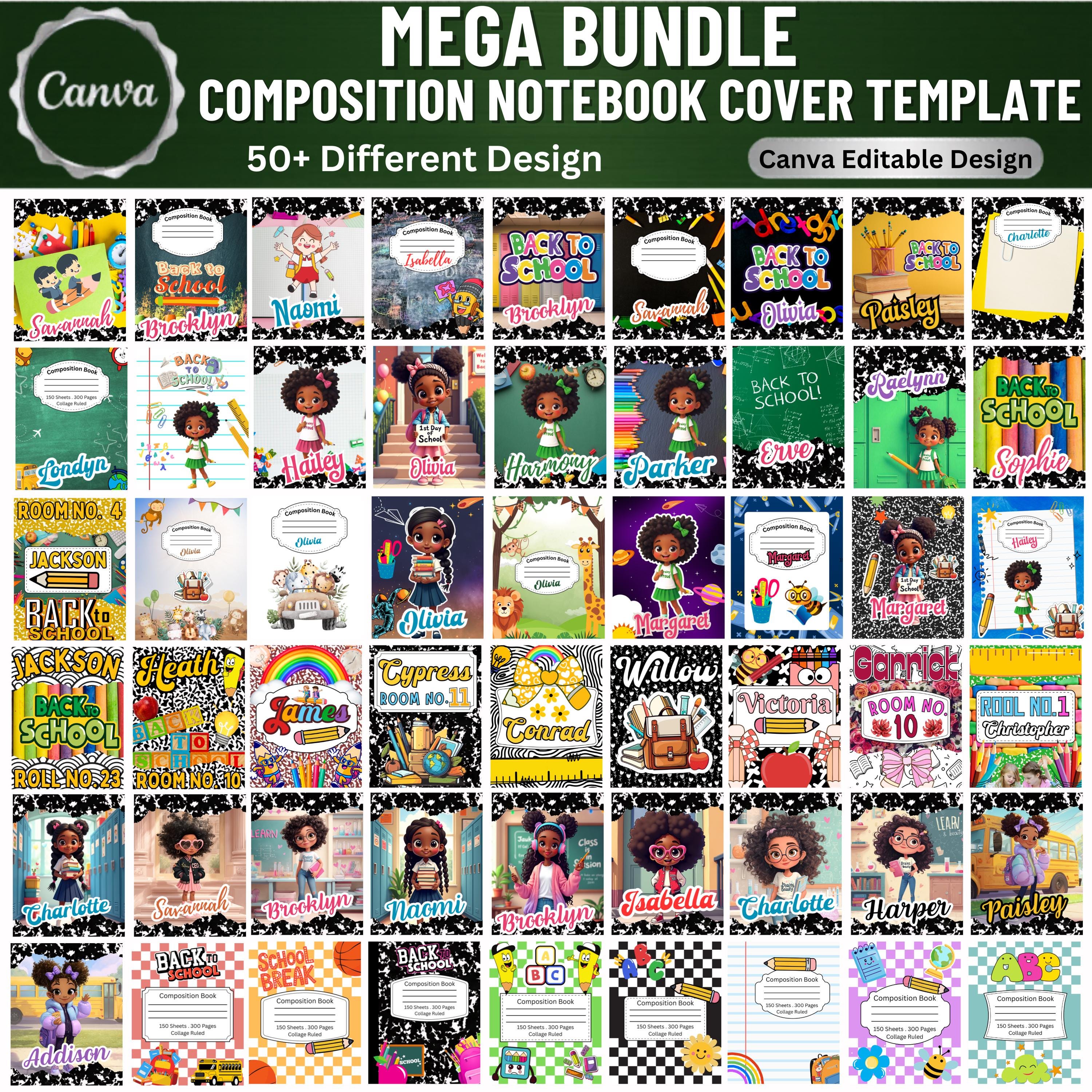 Composition Book Cover Mega Bundle, Canva Composition Notebook Design ...