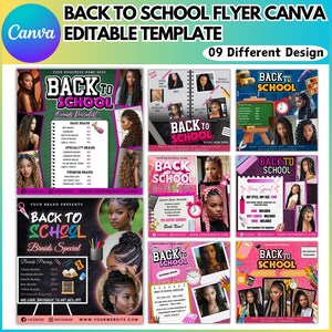 Pode incluir: Um conjunto de nove modelos de folhetos Canva que anunciam serviços de tranças capilares para o regresso às aulas. Os designs apresentam vários penteados trançados, detalhes de preços e texto como "Braids Special" e "Hair Special". O esquema de cores inclui rosa, verde e preto.