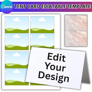 May include: A white tent card template with a landscape design, featuring green hills, blue skies, and white clouds. The card is folded, with the text "Edit Your Design" in bold black letters. The top banner reads "TENT CARD EDITABLE TEMPLATE".
