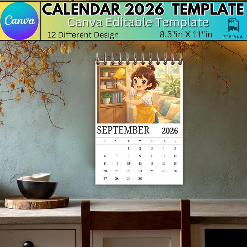 2026 Canva Calendar Template, Editable Kids Monthly Calendar, Family ...