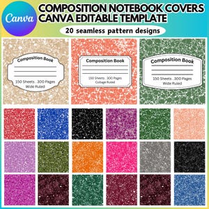 May include: A graphic showcasing composition notebook covers with 20 seamless pattern designs. The image includes three notebook examples with labels and text, and a grid of various colorful patterns. The Canva logo is visible in the upper left corner.