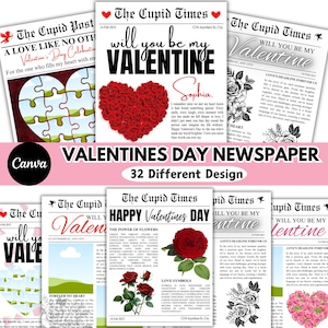 May include: A collection of printable Valentine's Day newspaper designs featuring red roses, hearts, and the text "Will you be my Valentine?"  The designs are perfect for creating personalized cards or gifts.