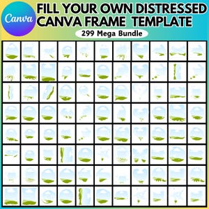 Könnte beinhalten: Ein Set mit 299 verzerrten Canva-Rahmenvorlagen mit einer Vielzahl von Formen und Designs. Die Rahmen sind weiß mit grünem und blauem Hintergrund. Die Rahmen sind perfekt, um Ihren Designs eine einzigartige Note zu verleihen.
