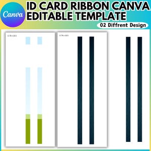 May include: An ID card ribbon Canva editable template with two different designs. One design features two vertical light blue and green stripes. The other design has two vertical dark blue stripes. The dimensions are 2 x 47 cm.