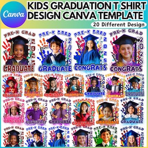 May include: A vibrant design for children's graduation t-shirts, featuring multiple images of kids in graduation attire. The text includes "PRE-K GRAD," "GRADUATE," and "CONGRATS," along with the year "2025." The design is a Canva template.