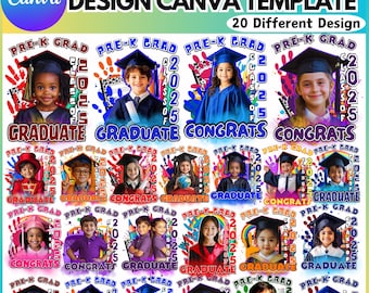 May include: A vibrant design for children's graduation t-shirts, featuring multiple images of kids in graduation attire. The text includes "PRE-K GRAD," "GRADUATE," and "CONGRATS," along with the year "2025." The design is a Canva template.