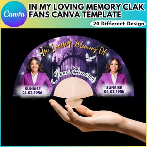 May include: A Canva template for memorial fans. The design features a purple and gold color scheme with the text "In Loving Memory Of" and the name "James Cameron". The fan includes two images of a woman in a purple blazer. The text "SUNRISE 04-02-1956" is also included.
