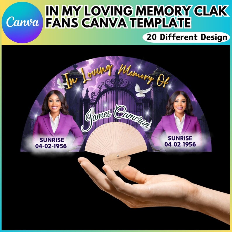 May include: A Canva template for memorial fans. The design features a purple and gold color scheme with the text "In Loving Memory Of" and the name "James Cameron". The fan includes two images of a woman in a purple blazer. The text "SUNRISE 04-02-1956" is also included.