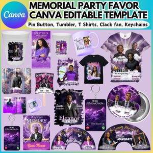 May include: A selection of memorial party favours, including tumblers, t-shirts, keychains, and pin buttons. The items feature photos, names, and dates, with a purple and white colour scheme. Text includes "Memorial Party Favor" and "Canva Editable Template."