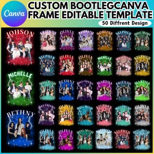 Puede incluir: Una colección de 50 plantillas de Canva personalizables con varios diseños. Cada diseño presenta un grupo de personas o mascotas, con nombres como "Olivia", "Dog Mom" y "Best Friend" mostrados en un marco de rayo.