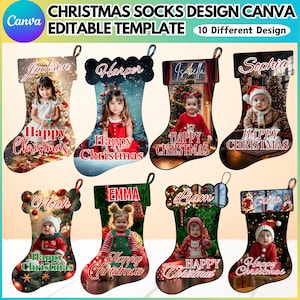 May include: A collection of Christmas stocking designs with photos and names. Each stocking features a child's photo, the name above, and "Happy Christmas" below. The design includes festive decorations and a Canva logo.