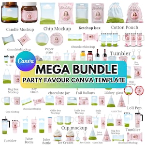 Puede incluir: Una colección de maquetas de recuerdos de fiesta, que incluyen bolsas de patatas fritas, vasos y tarros de caramelos, con un tema de cumpleaños. La imagen presenta varias plantillas para Canva, con el texto "MEGA BUNDLE PARTY FAVOUR CANVA TEMPLATE".