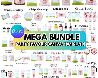 Party Favor Mockups Vorlage Mega Bundle, Party Favor Canva bearbeitbare Vorlage, Chip Bag Vorlage, Wasserflaschenetikett, Schokoladentafel