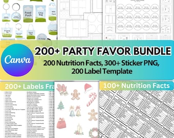 200+ Party Favor Template Bundle, Canva Editable Party Favor, Chip Bag Templates, Water Bottle Labels, Keychains Template, Free Nutrition