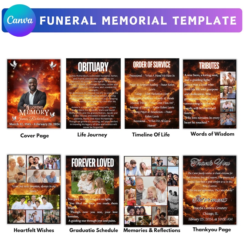 Orange Funeral Program Canva Template, Obituary Design, Celebration of