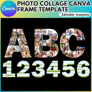 May include: A photo collage template featuring the letters A, B, C, and the numbers 1, 2, 3, 4, 5, and 6. Each letter and number is made up of a grid of smaller squares, each containing a different photo. The background is black.