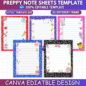 May include: Five preppy note sheets with 8.5"x11" template size, featuring colorful speckled borders in red, purple, pink, blue, and black. Each lined page includes various stationery-themed illustrations like pencils, bows, and flowers.