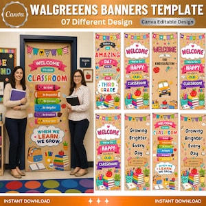 May include: A digital template set featuring seven classroom banner designs with colorful school-themed graphics, including pencils, books, and apples. The banners display text such as Welcome to Our Classroom and Growing Brighter Every Day.