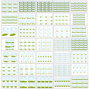 May include: A collection of various digital graphics featuring landscape and weather elements. The graphics include stylized clouds, rolling hills, and decorative frames with a blue and green color scheme. The image is a grid of different design variations.