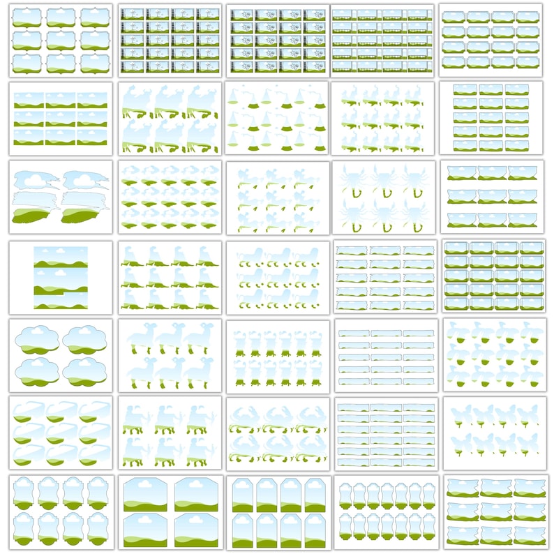 May include: A collection of various digital graphics featuring landscape and weather elements. The graphics include stylized clouds, rolling hills, and decorative frames with a blue and green color scheme. The image is a grid of different design variations.
