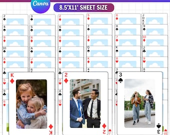 May include: A digital Canva template for poker cards featuring an 8.5x11 inch sheet size. The layout includes multiple card frames with suit symbols and numbers, designed for drag and drop image placement. Text includes POKERS CARDS CANVA FRAME, 100% EDITABLE TEMPLATE, 8.5'X11' SHEET SIZE, and DRAG AND DROP IMAGES.