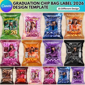 May include: A collection of graduation-themed chip bag label designs. Each bag features a photo of a graduate, the year 2026, and the word "GRAD" or "GRADUATE". The bags come in various colors, including green, pink, blue, and orange.
