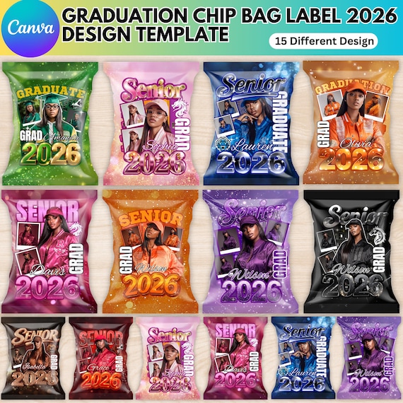 15 Graduation Chip Bag Canva Editable Templates Bundle | Grad Party Favor Chip Bag Mockup | Congrats Party Design, Digital Download