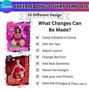 May include: A Canva template for cheerleading t-shirts. The design includes two examples with cheerleaders, pom-poms, and text. The text includes "CHEERLEADS", "2025", and "CHEER BRITAIN". The template is easily editable in Canva.