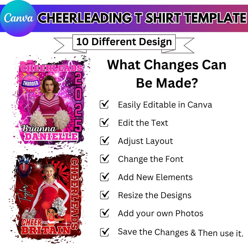 May include: A Canva template for cheerleading t-shirts. The design includes two examples with cheerleaders, pom-poms, and text. The text includes "CHEERLEADS", "2025", and "CHEER BRITAIN". The template is easily editable in Canva.