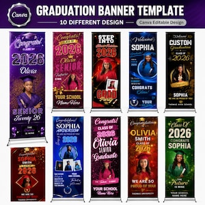 May include: A collection of ten graduation banner templates with various designs. Each banner features a graduate's photo, the year 2026, and congratulatory messages. The banners are in different colors, including purple, red, blue, and green, with customizable text fields.