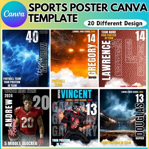 May include: A set of 6 customizable sports poster templates for Canva. Each template features a different design with a football player, a team name, and a number. The designs include a blue and white lightning bolt background, a red and white football background, a red and white stadium background, and a blue and white stadium background.