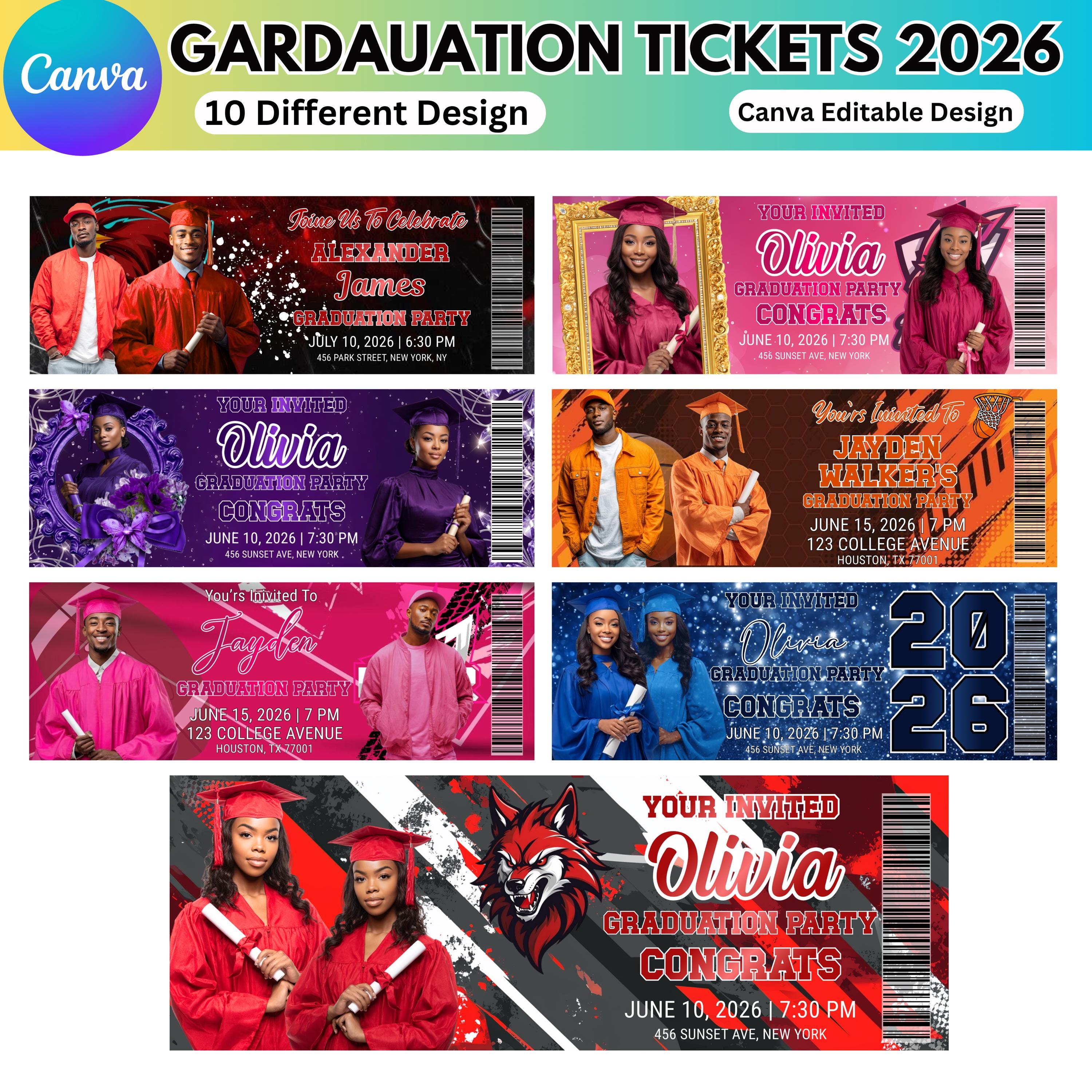 Graduation Ticket Template Bundle, Editable Canva Grad Party Tickets ...