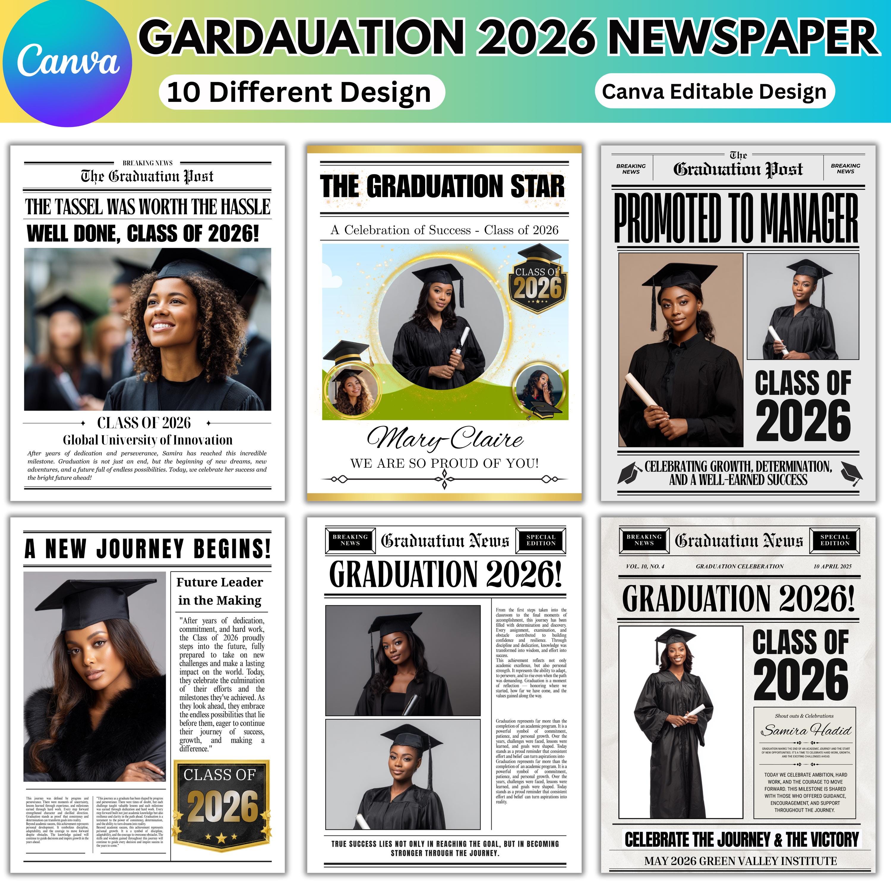 Graduation Newspaper Template 2026, Photo Grad Announcement, Editable ...