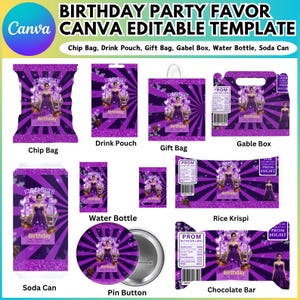 Könnte beinhalten: Eine Sammlung lila Partygeschenke, darunter Chip-Tüten, Getränkebeutel, Geschenktüten, Gable-Boxen, Wasserflaschen, Sodadosen, Ansteckbuttons, Rice Krispies und Schokoriegel. Jeder Artikel zeigt eine Frau in einem lila Kleid und den Text "Birthday".