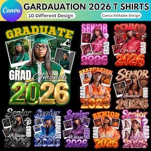 Puede incluir: Una colección de diseños de camisetas de graduación con el texto "GARDAUATION 2026 T SHIRTS". Cada diseño presenta una foto, las palabras "GRADUATE" o "SENIOR" y el año "2026". Los diseños son de varios colores.