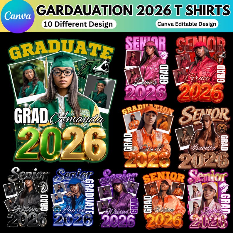 May include: A collection of graduation t-shirt designs with the text "GARDAUATION 2026 T SHIRTS". Each design features a photo of a person, the word "GRADUATE" or "SENIOR", and the year "2026". The designs are in various colors.